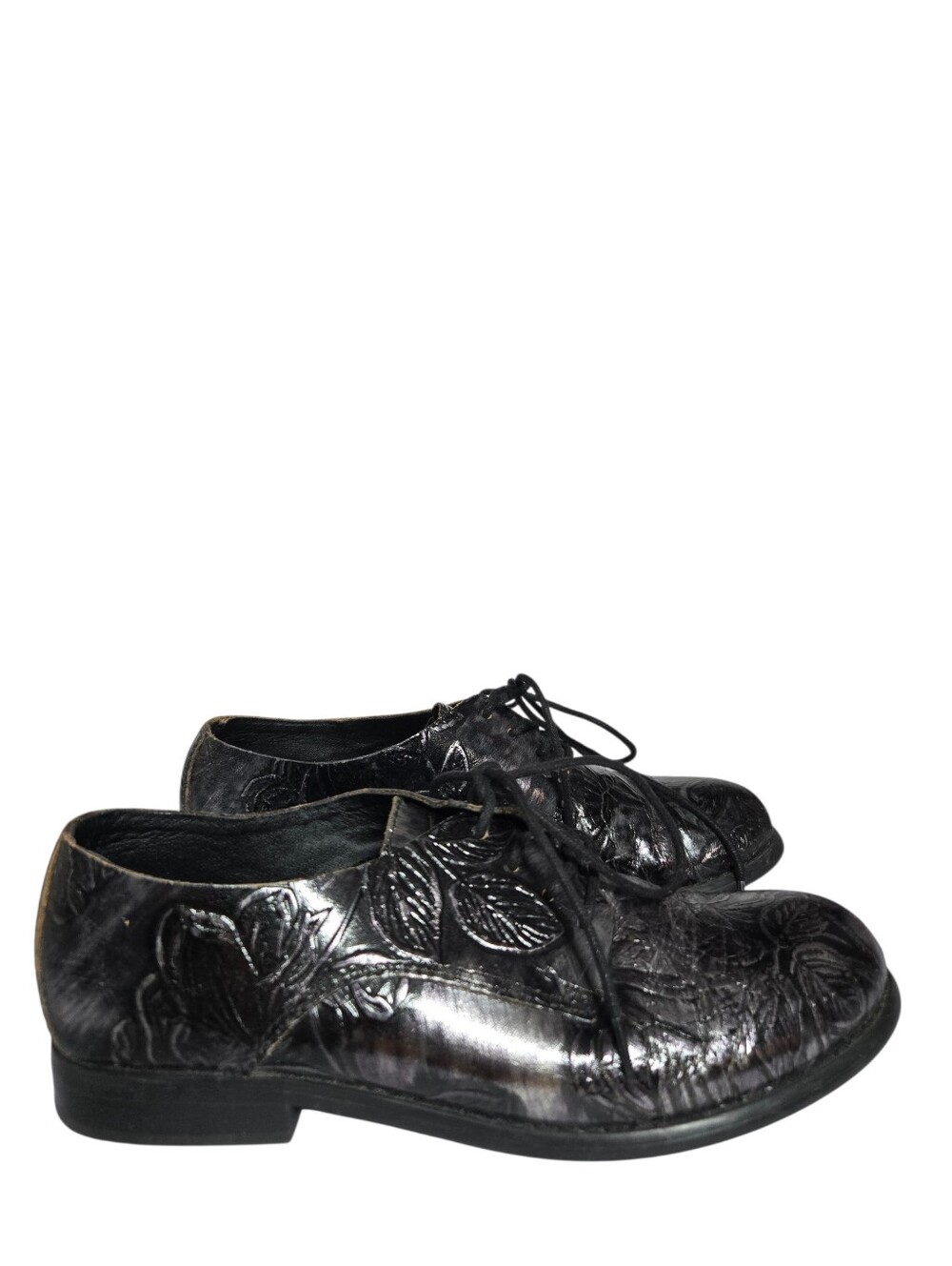 Patricia Nash Black Silver Leather Floral Embossed Lace-Up Oxford Loafers 6.5M - Picture 2 of 15